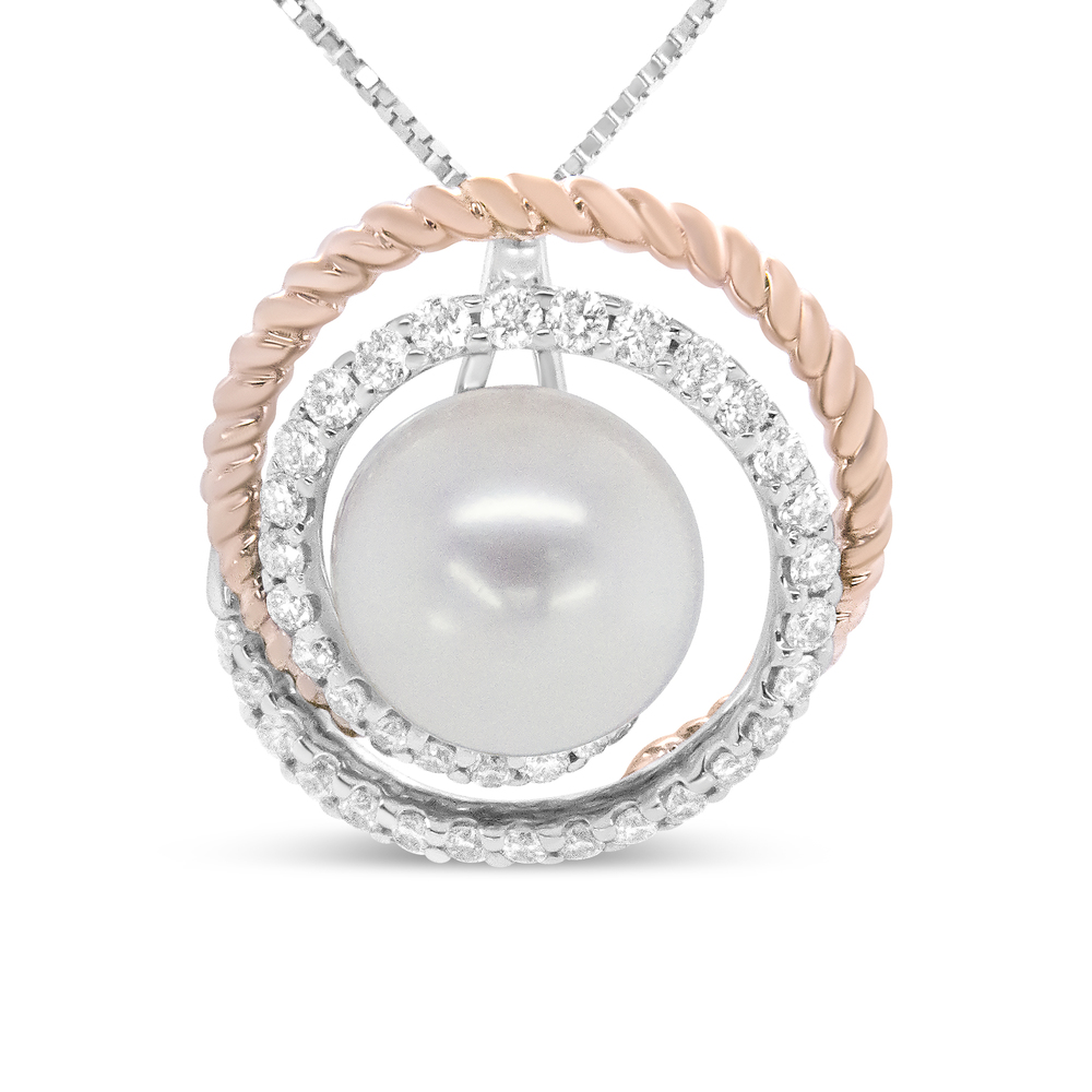 14K Rose & White Gold 3/8 Cttw Diamond & Pearl Spiral Openwork Pendant Necklace